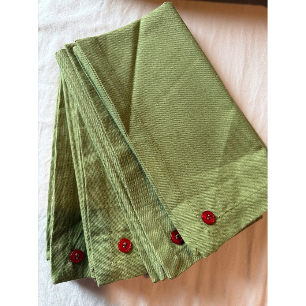 World Market Green Cotton Cloth Napkins Set of 4 Red Button Accent 19x19 Square